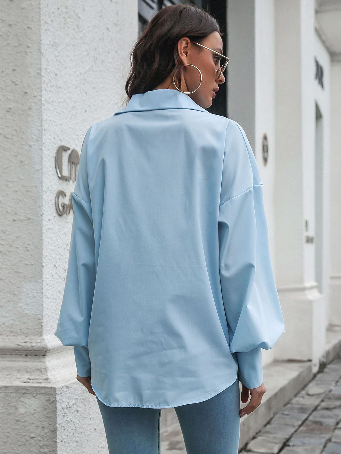 Button Up Dropped Shoulder Lantern Sleeve Shirt