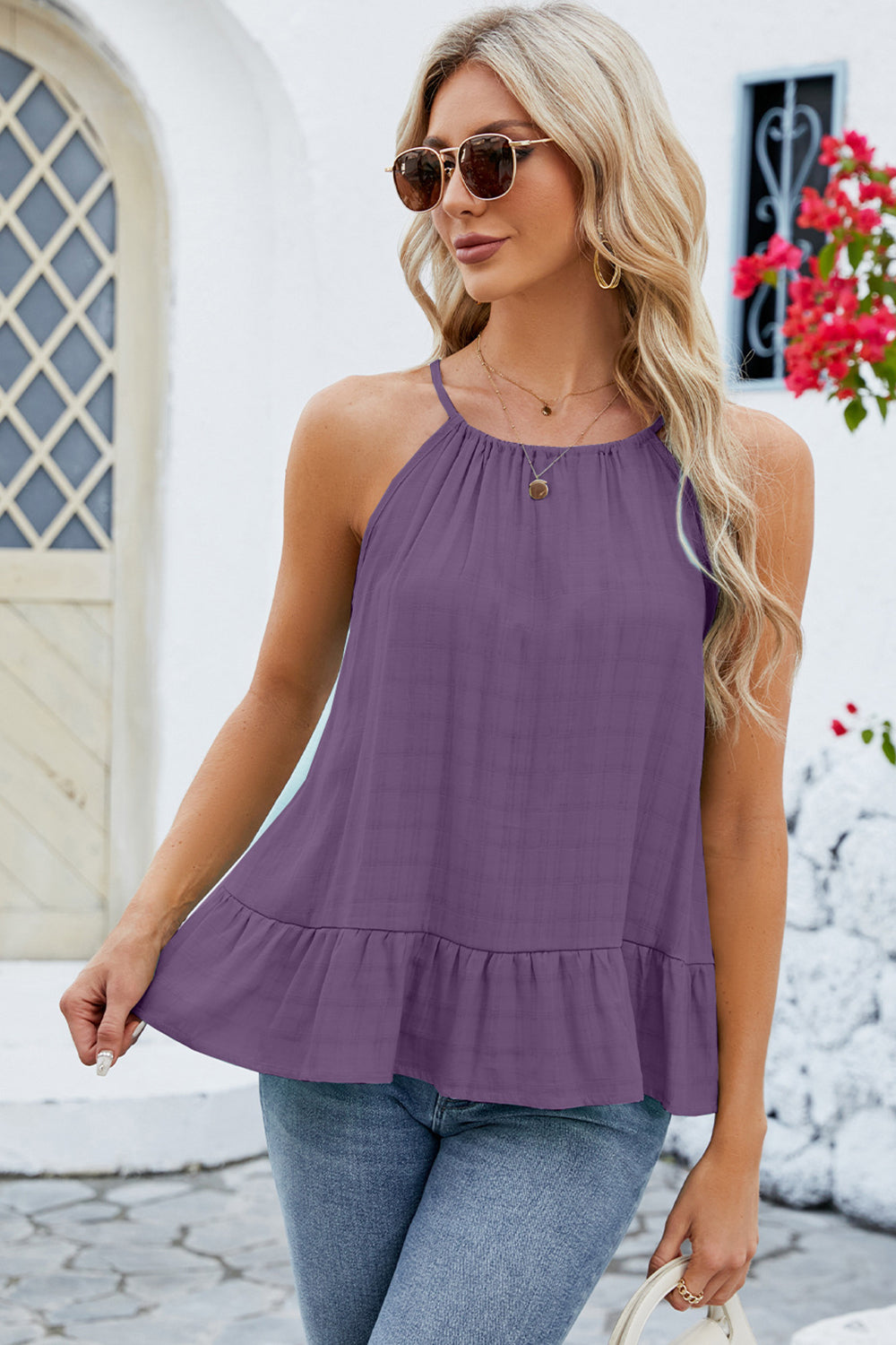 Tied Ruffled Round Neck Cami